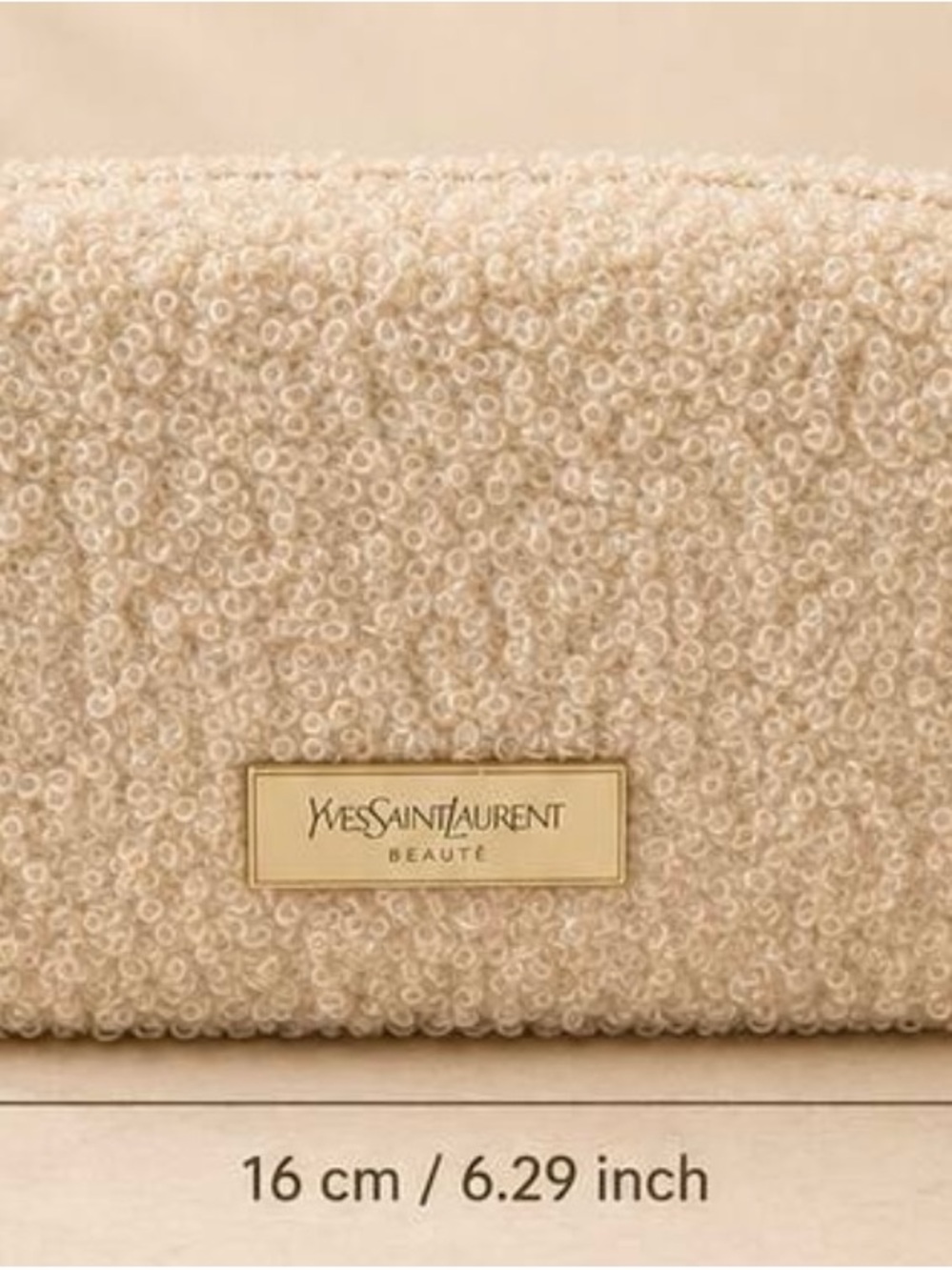 Yves Saint Laurent Cream Bouclé Cosmetic Pouch with Gold Plaque